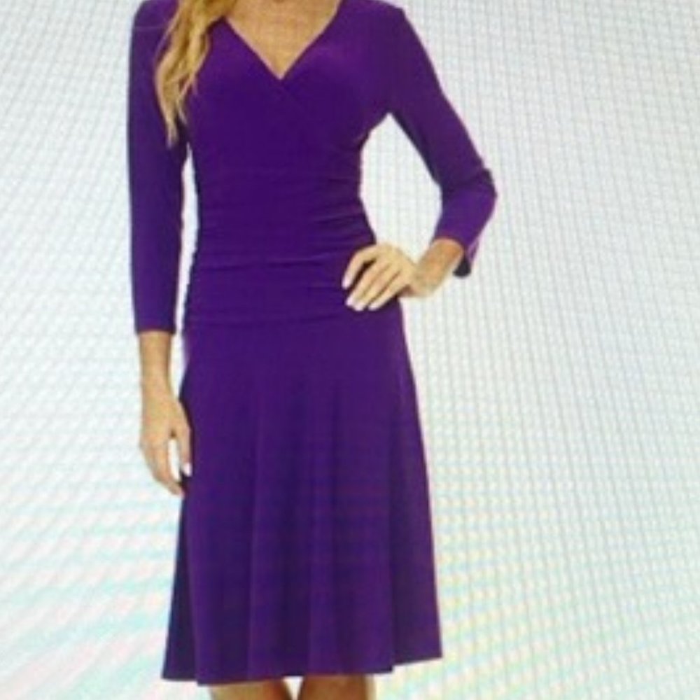 Rekucci Women's Slimming 3/4 Sleeve Fit-and-Flare Crossover Tummy Control Dress